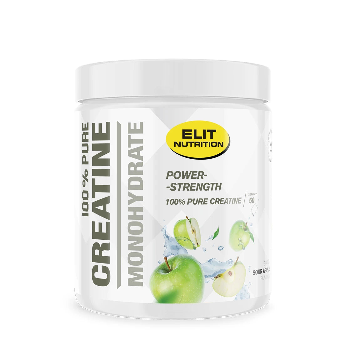 Elit Nutrition 100% Pure Creatine Monohydrate 300 g -kreatiinijauhe valkoisessa purkissa, makuna Sour Apple., kuva 3/6