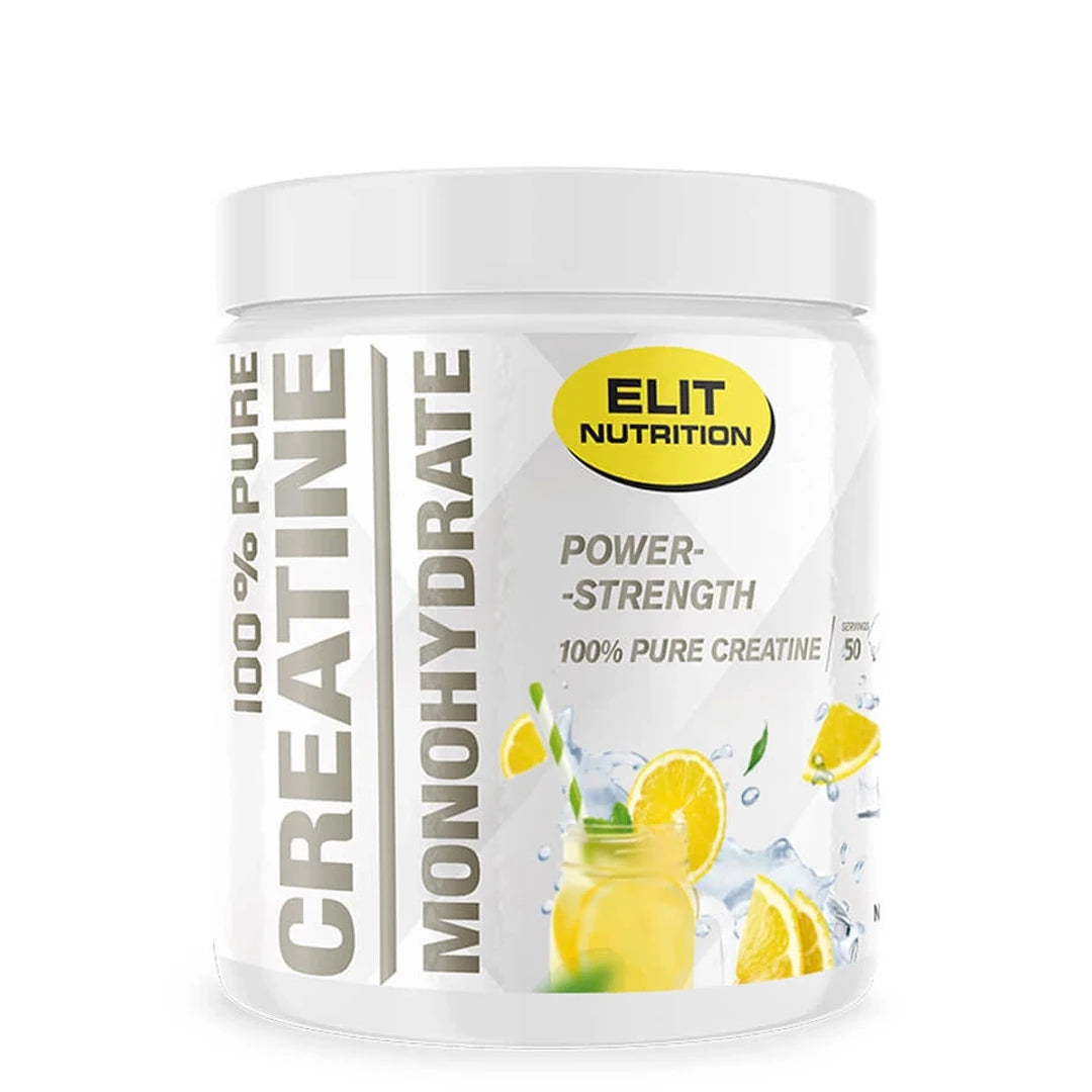 Elit Nutrition 100% Pure Creatine Monohydrate 300 g valkoisessa purkissa, jossa sitruunat viittaavat makuun Lemonade., kuva 4/6