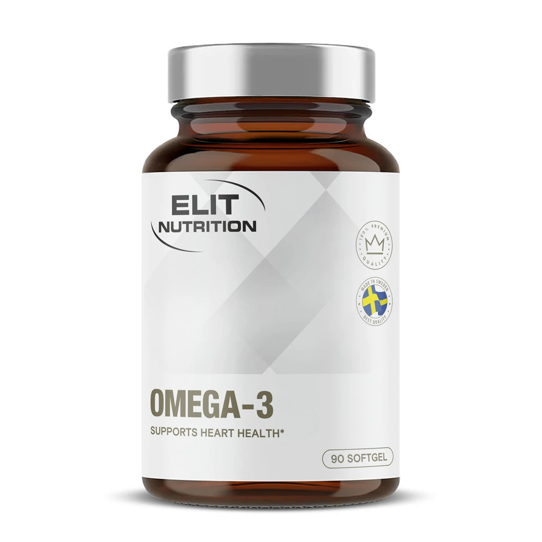 Elit Nutrition Omega-3 90 softgel tummanruskeassa purkissa, jossa on valkoinen etiketti ja hopeinen kansi., kuva 1/1