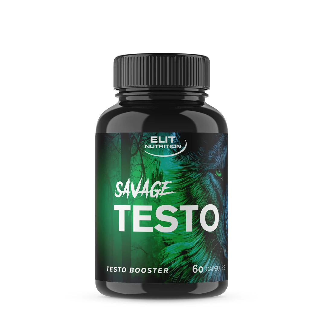Elit Nutrition Savage TESTO -testosteronibuusteri (60 caps) mustassa purkissa, jossa on vihreä etiketti ja eläinkuvio., kuva 1/1