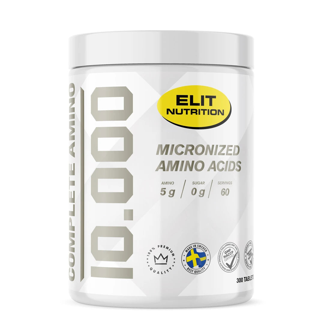 Elit Nutrition Complete Amino 10.000 300 tabs valkoisessa purkissa hopeisilla ja keltaisilla yksityiskohdilla.