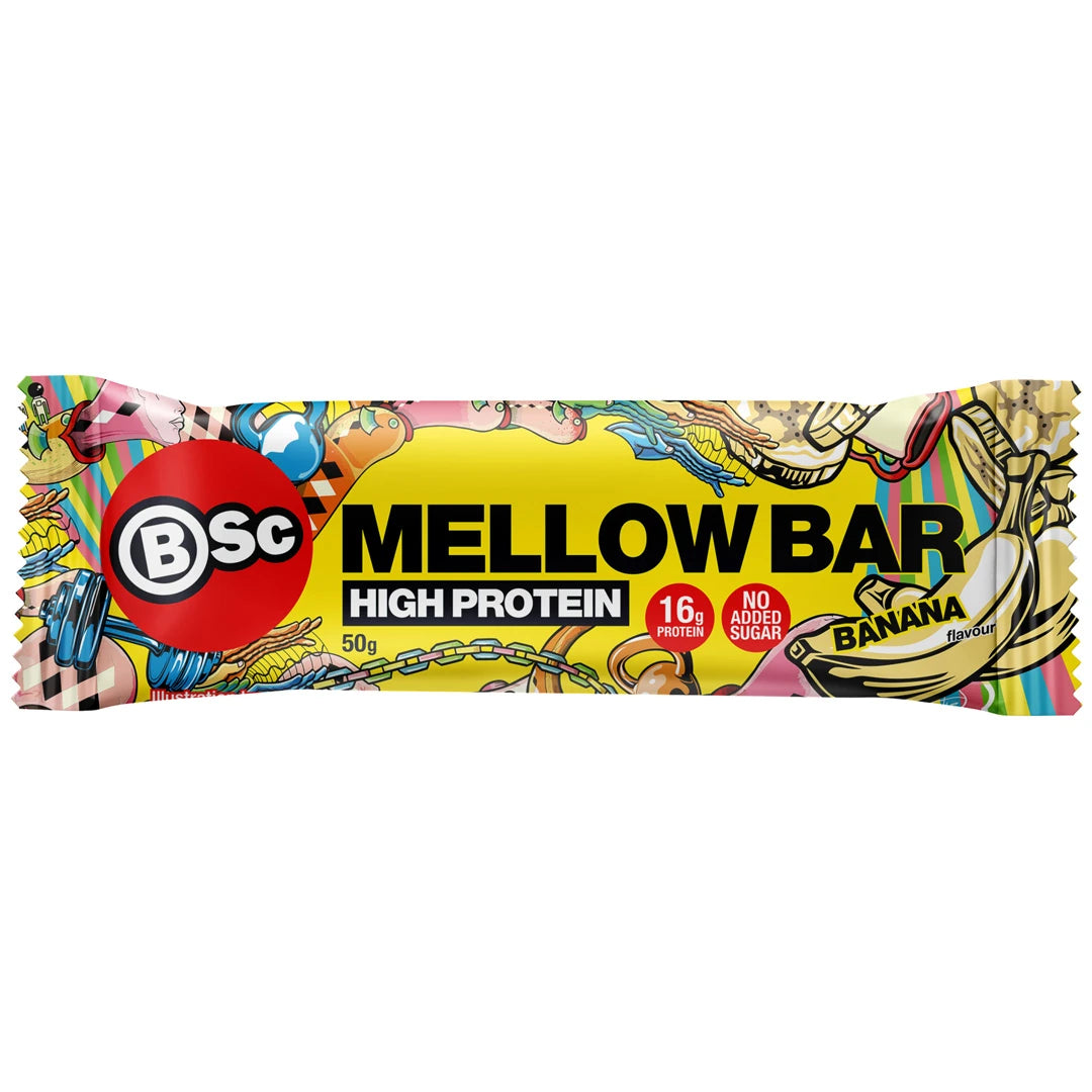 BSc Mellow Bar 50 g -proteiinipatukka keltaisessa pakkauksessa värikkäillä yksityiskohdilla, makuna Banana., kuva 1/4