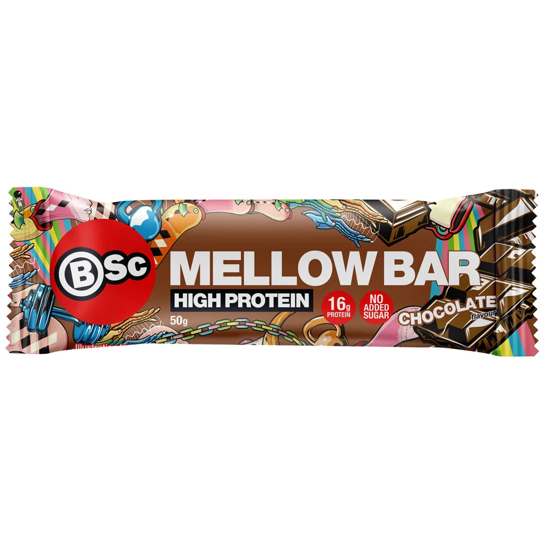 BSc Mellow Bar 50 g -proteiinipatukka ruskeassa kääreessä, jossa on värikkäitä kuvituksia, makuna Chocolate., kuva 2/4