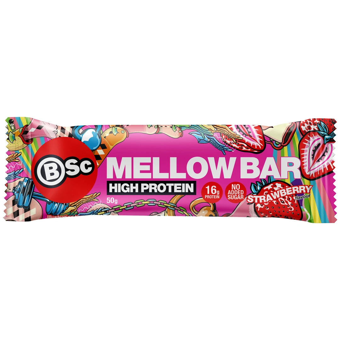 BSc Mellow Bar 50 g -proteiinipatukka vaaleanpunaisessa ja värikkäässä pakkauksessa, makuna Strawberry., kuva 4/4