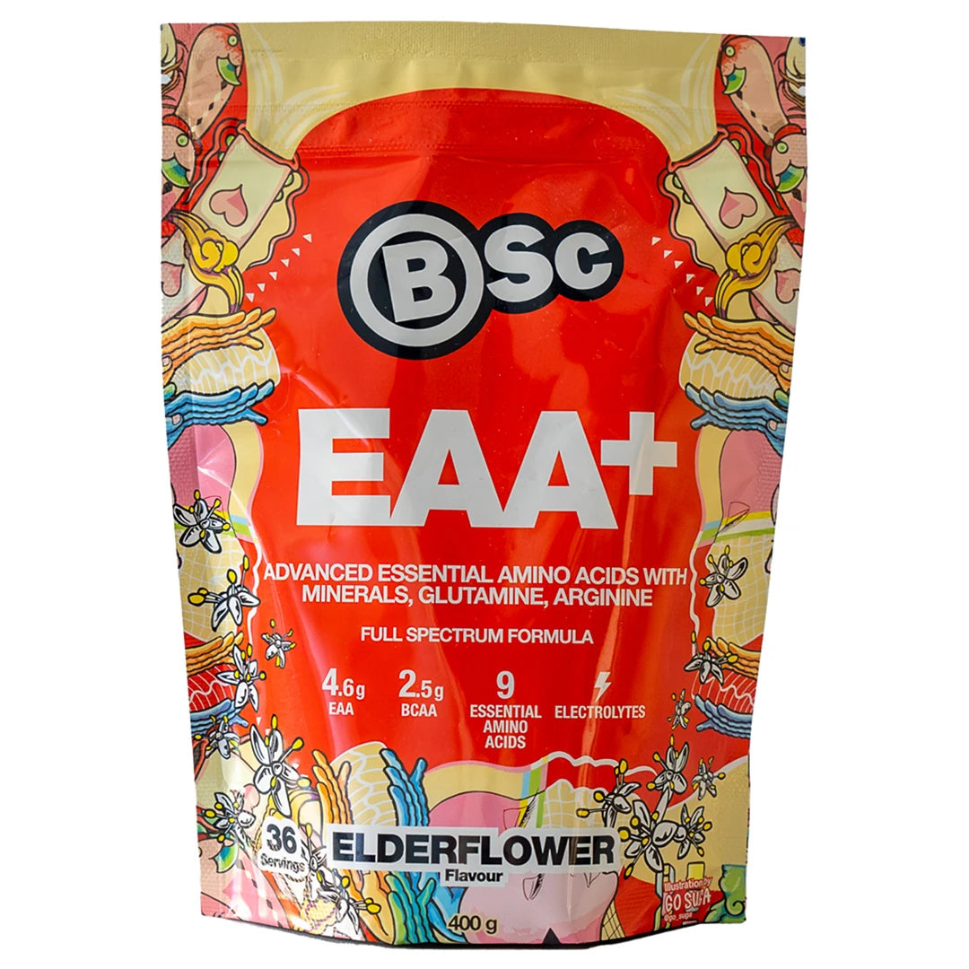 BSc EAA 400 g -aminohapot punaisessa pussissa värikkäillä kuvituksilla, makuna Elderflower.