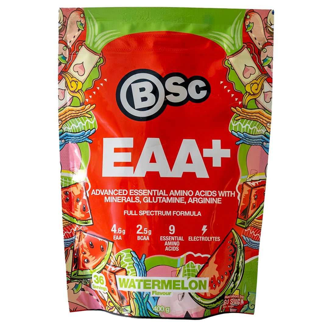 BSc EAA 400 g -aminohappojauhe punaisessa pussissa värikkäillä kuvituksilla, makuna Watermelon.
