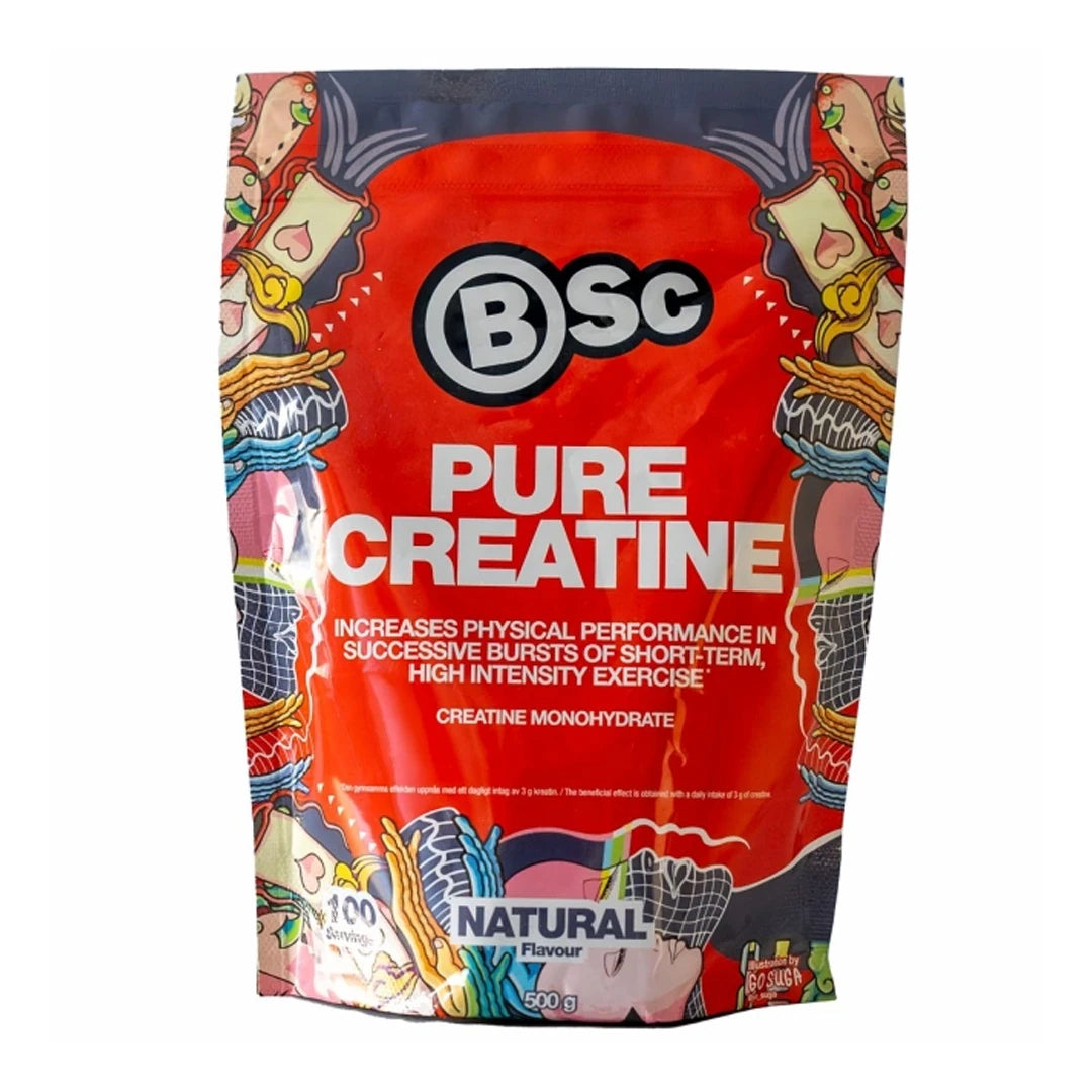 Maustamaton BSc Pure Creatine Kreatin 500 g -jauhe punaisessa, värikkäästi kuvitetussa pussissa., kuva 1/1