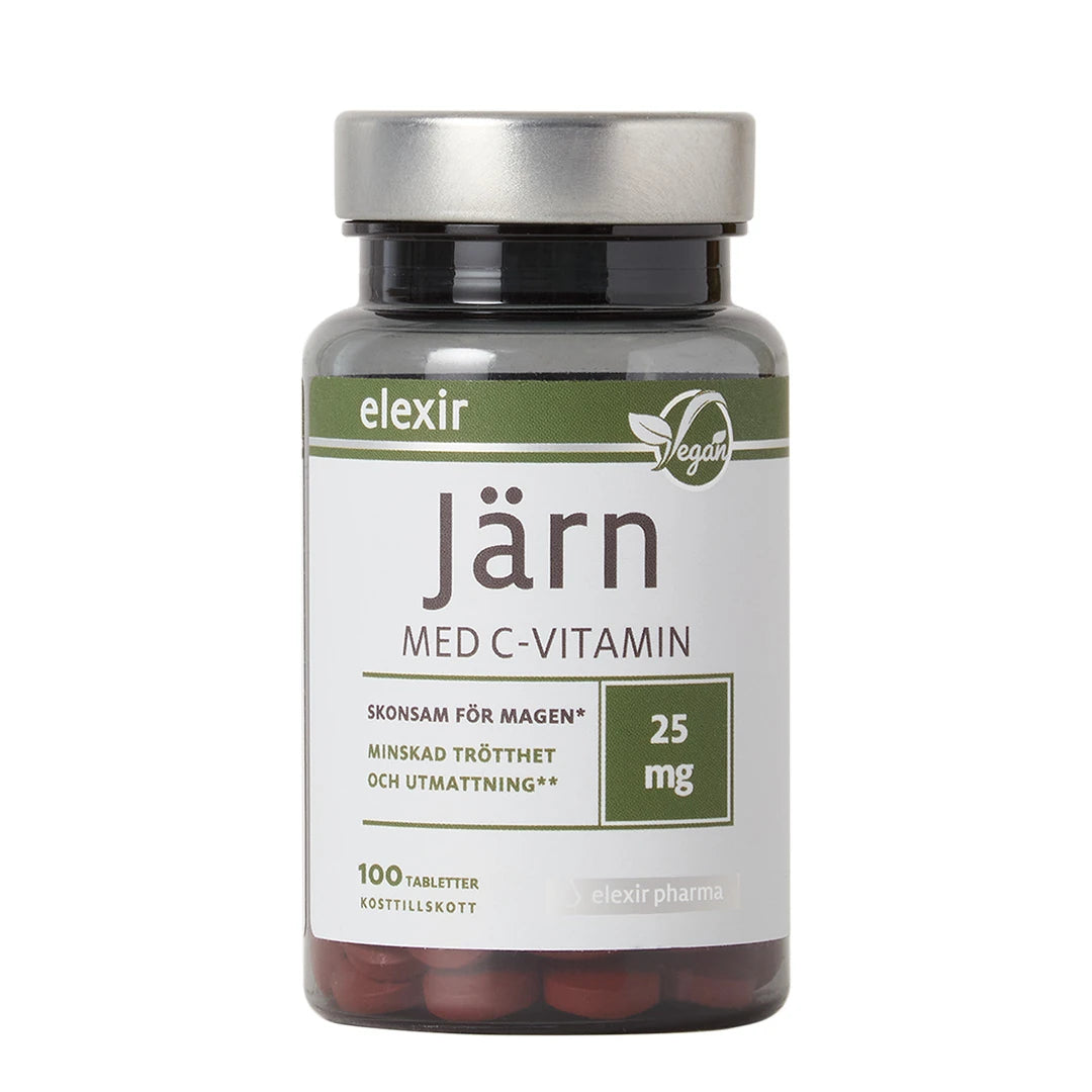 Elexir Pharma Järn med C-vitamin 100 tabs -ravintolisä tummassa muovipurkissa valkoisella etiketillä ja hopeakannella., kuva 1/1