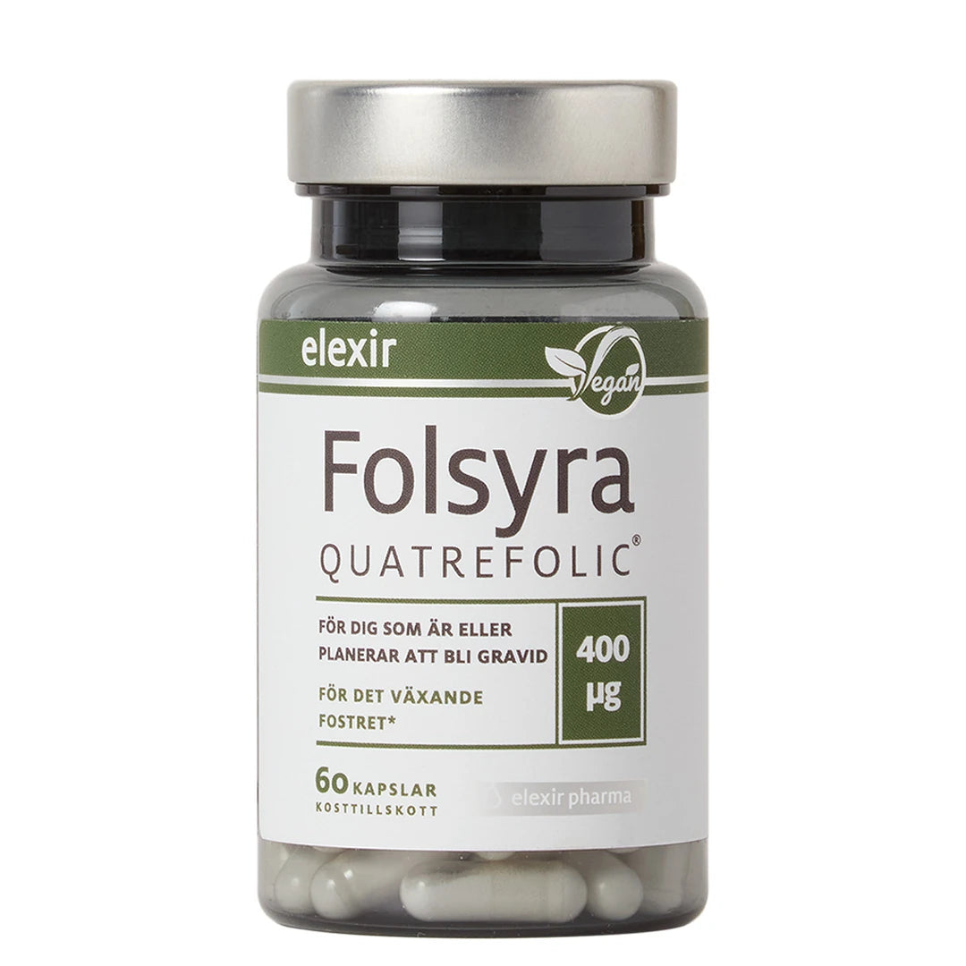 Elexir Pharma Folsyra 60 caps tummassa muovipurkissa, jossa on hopea kansi, valkoinen etiketti ja vihreitä yksityiskohtia., kuva 1/1
