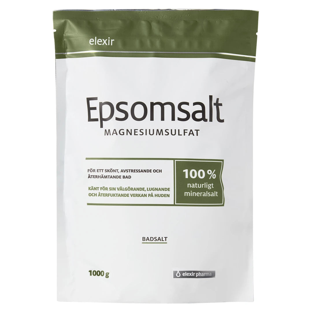 Elexir Pharma Epsomsalt 1kg i en vit påse med olivgröna detaljer, ett naturligt mineralsalt för avkopplande bad., bild 1 av 1