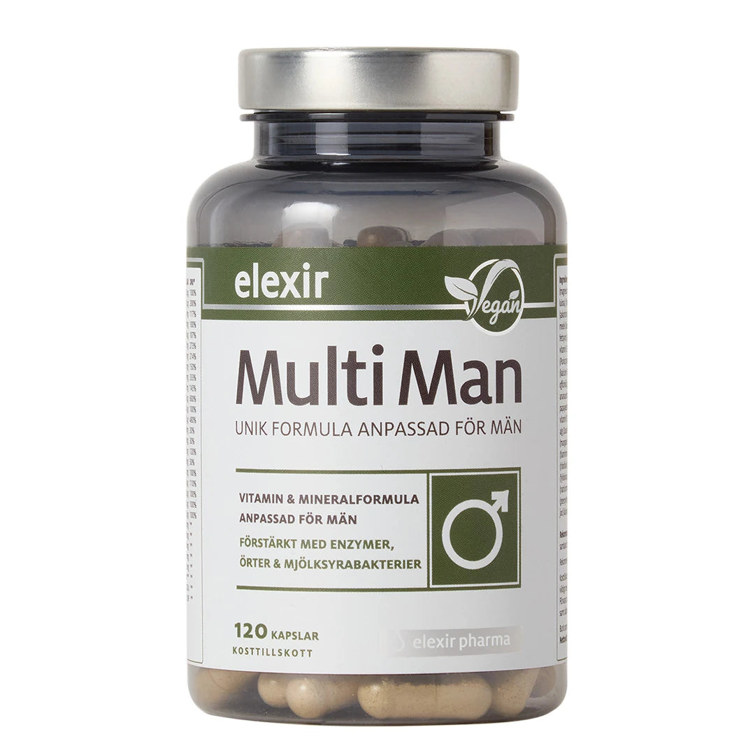 Elexir Pharma Multi Man 120 caps -monivitamiini tummassa, läpinäkyvässä purkissa hopeakannella., kuva 1/1