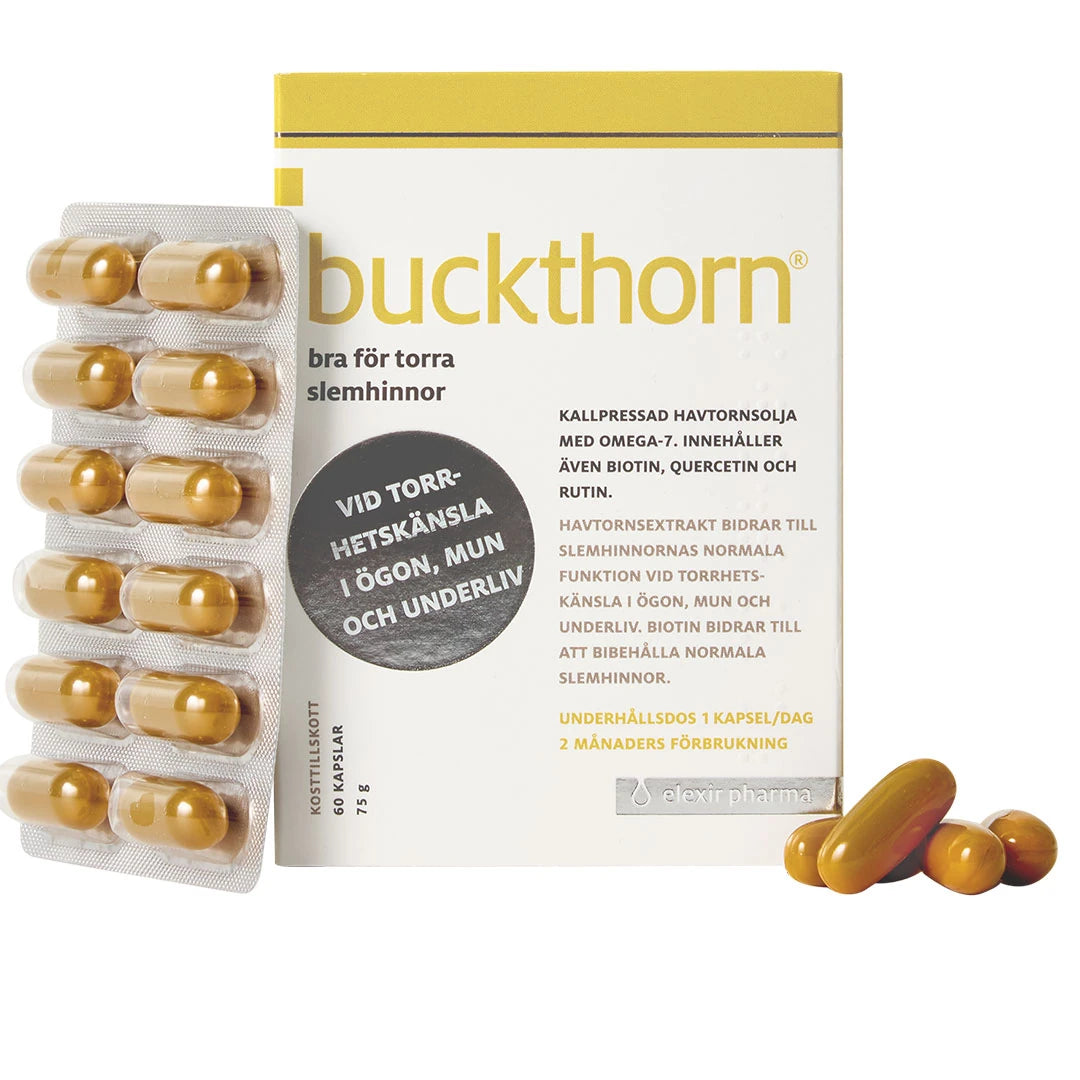 Elexir Pharma Buckthorn 60 caps valkoisessa rasiassa, vieressä läpipainopakkaus kultaisia kapseleita., kuva 1/1
