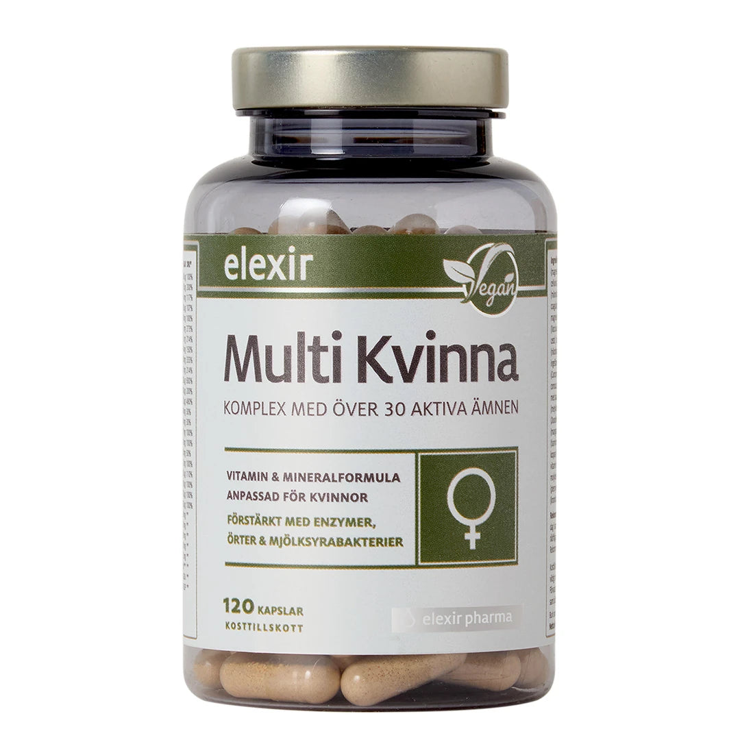 Elexir Pharma Multi Kvinna 120 caps läpinäkyvässä purkissa metallikannella ja valkovihreällä etiketillä., kuva 1/1