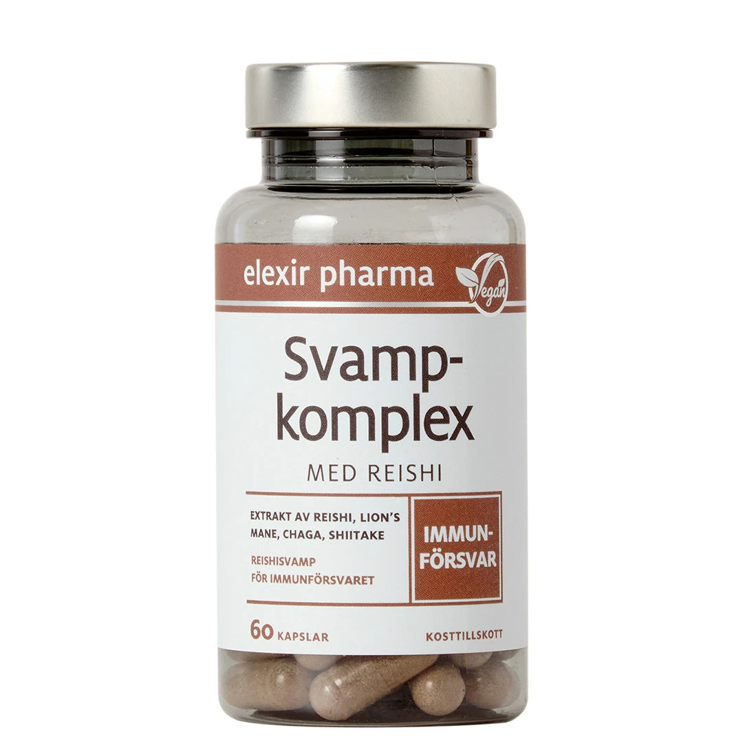 Elexir Pharma Svampkomplex med Reishi 60 caps läpinäkyvässä purkissa valkoisella etiketillä ja hopeanvärisellä kannella., kuva 1/1