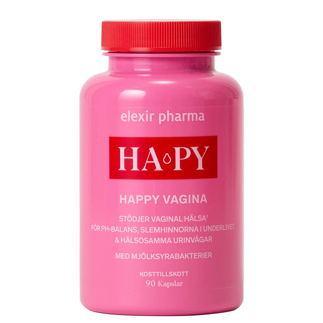 Elexir Pharma HA-PY 90 caps, kosttillskott för vaginal hälsa i en rosa burk med rött lock., bild 1 av 1