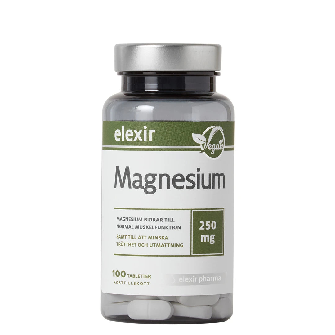 Elexir Pharma Magnesium 250 mg 100 tabs tummassa muovipurkissa, jossa on hopeinen kansi ja valkovihreä etiketti., kuva 1/1