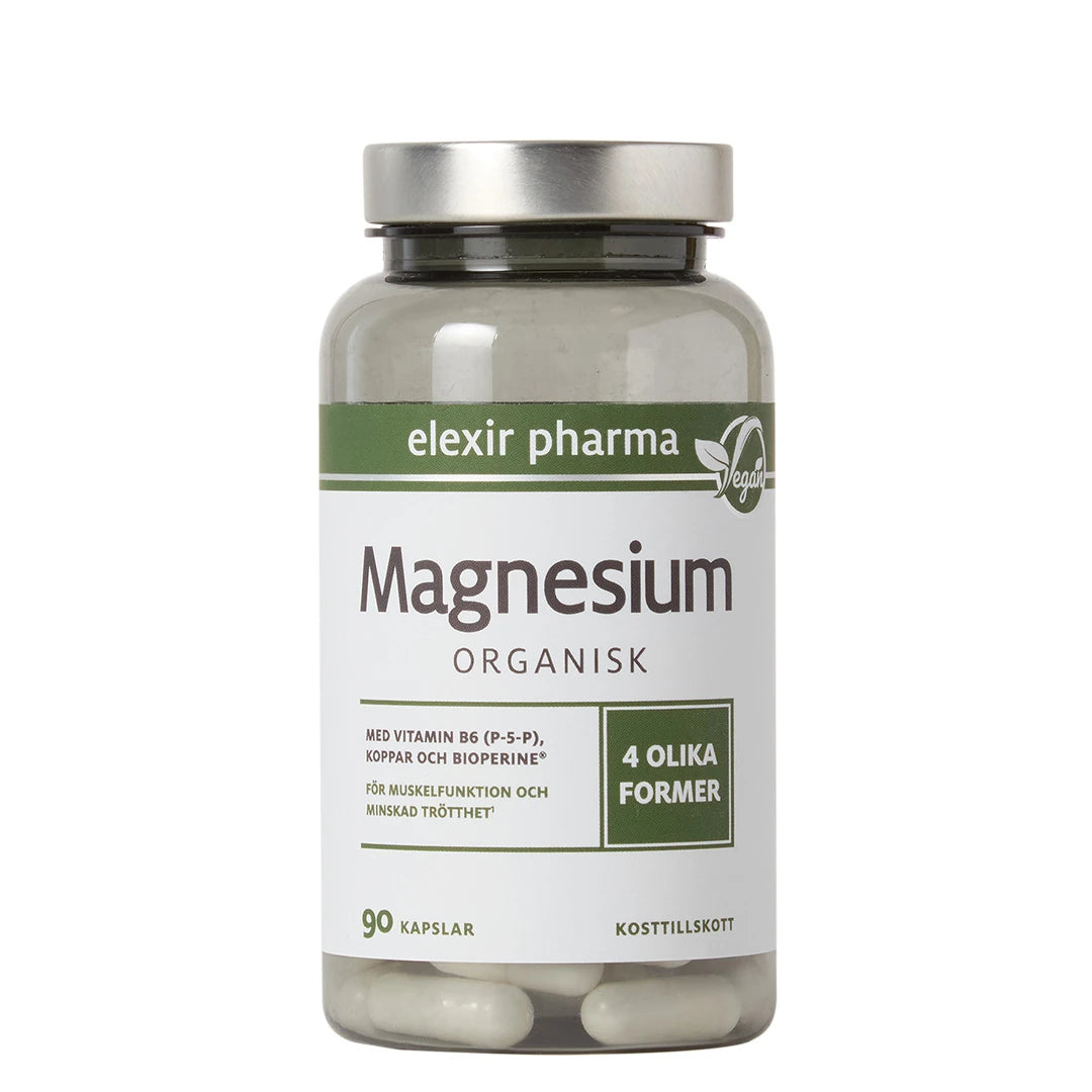 Elexir Pharma Magnesium Organisk 90 caps läpinäkyvässä purkissa, jossa on hopeinen kansi ja valkoinen etiketti vihreillä yksityiskohdilla., kuva 1/1