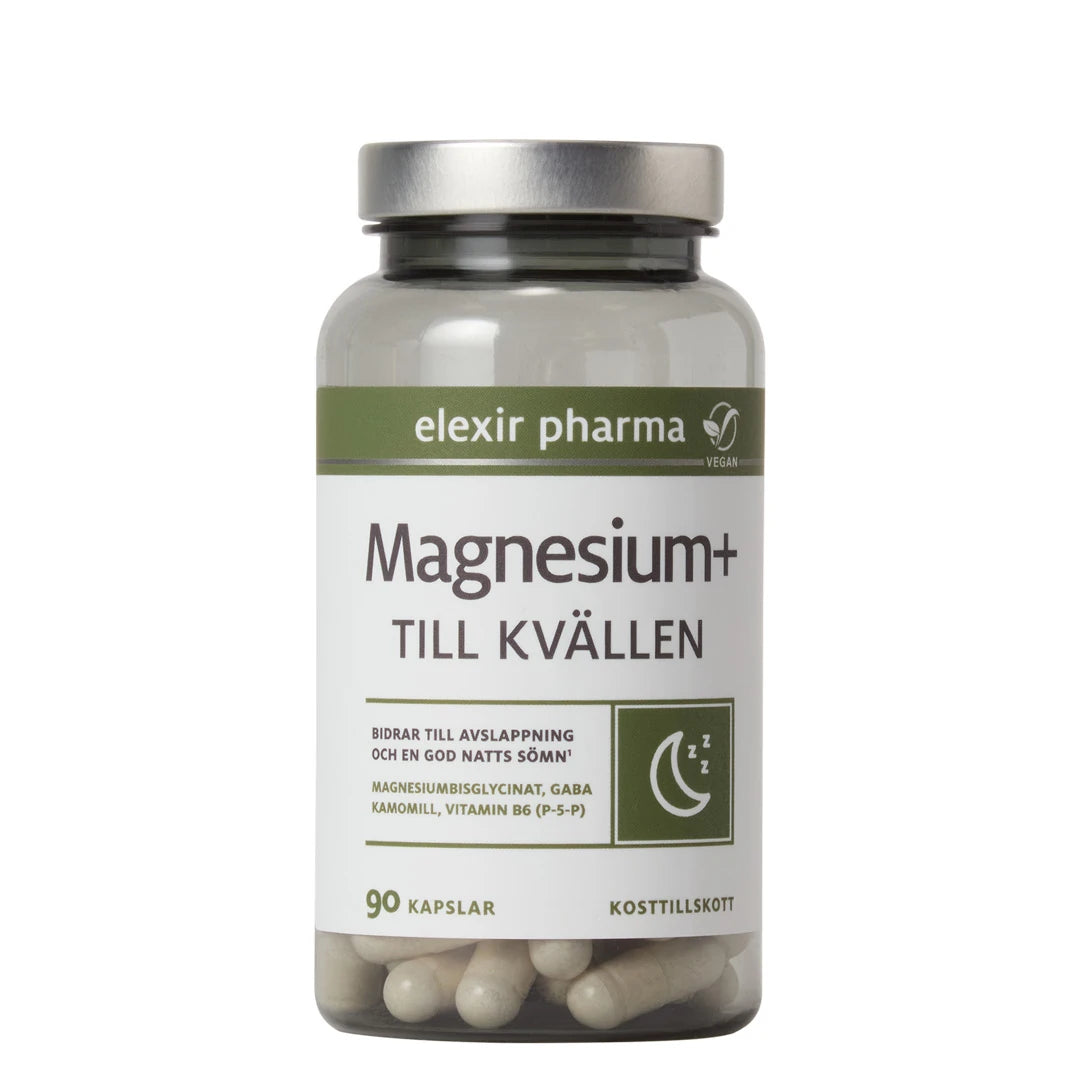 Elexir Pharma Magnesium+ Till kvällen 90 caps läpinäkyvässä purkissa, jossa on vihreävalkoinen etiketti ja hopeakansi., kuva 1/1