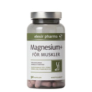 Elexir Pharma Magnesium+ För muskler 90 caps i en transparent plastburk med silverlock och vit etikett med gröna detaljer.