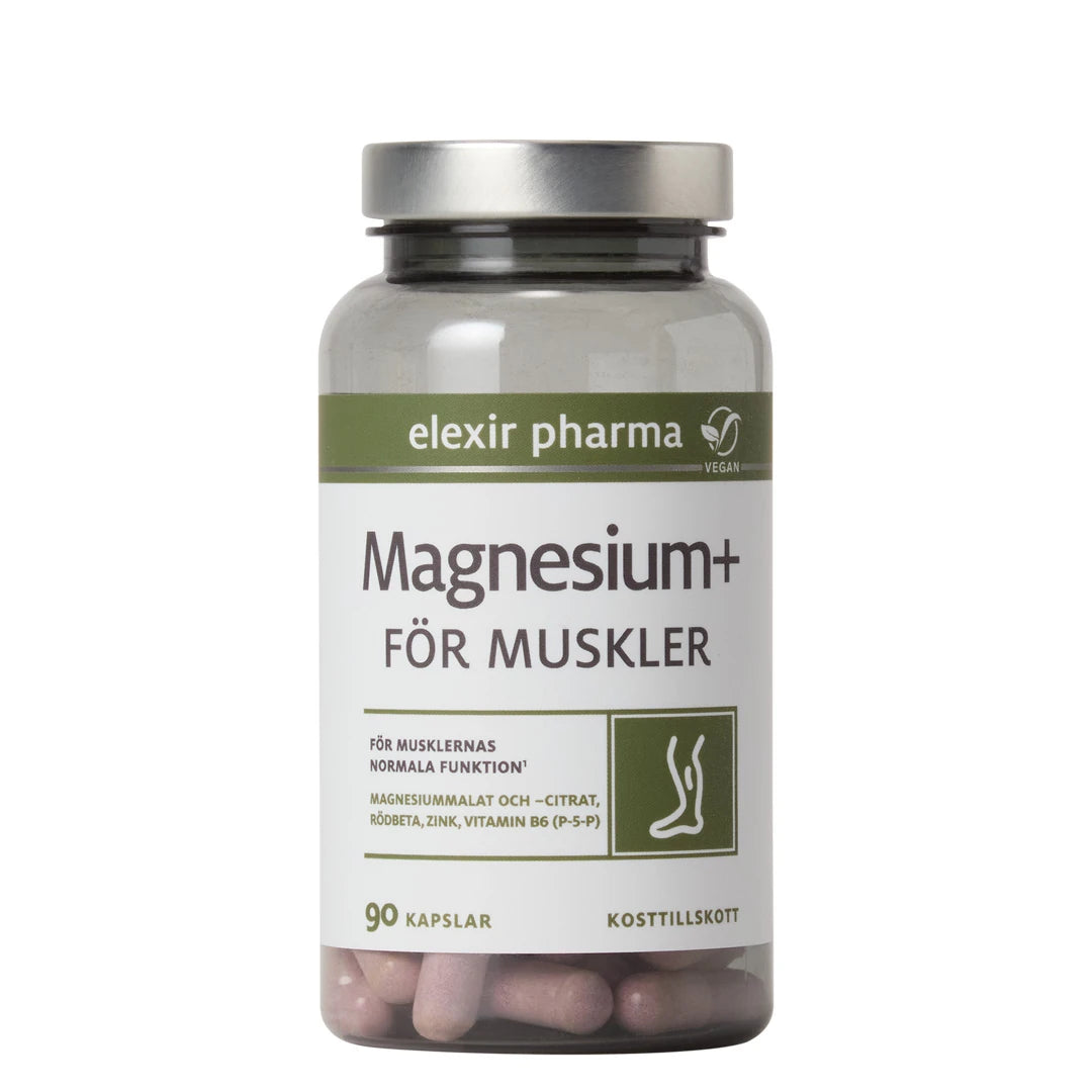 Elexir Pharma Magnesium+ Lihaksille 90 kapselia läpinäkyvässä muovipurkissa hopeisella kannella., kuva 1/1