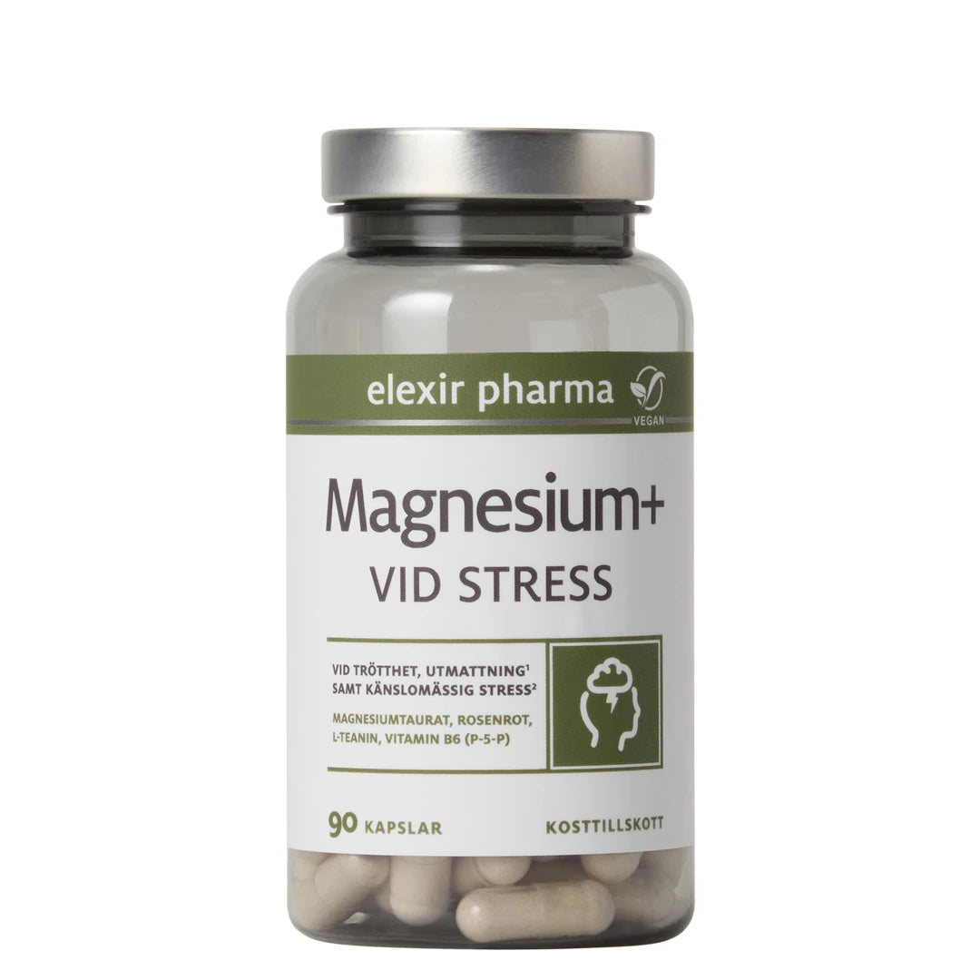 Elexir Pharma Magnesium+ Vid stress 90 caps läpinäkyvässä purkissa vihreävalkoisella etiketillä ja hopeisella kannella., kuva 1/1