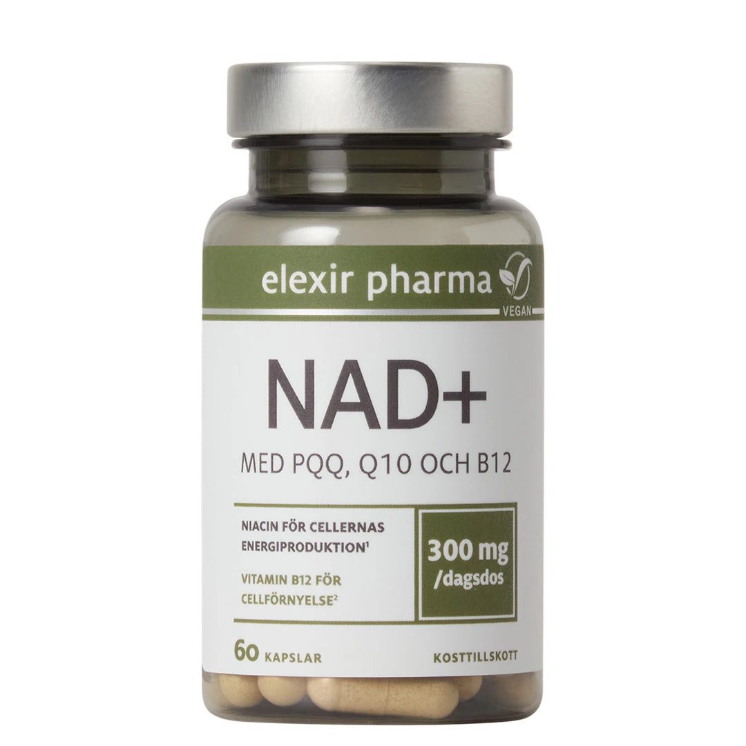 Elexir Pharma NAD+ 60 caps läpinäkyvässä purkissa, jossa on hopeakansi, valkoinen etiketti ja vihreitä yksityiskohtia., kuva 1/1