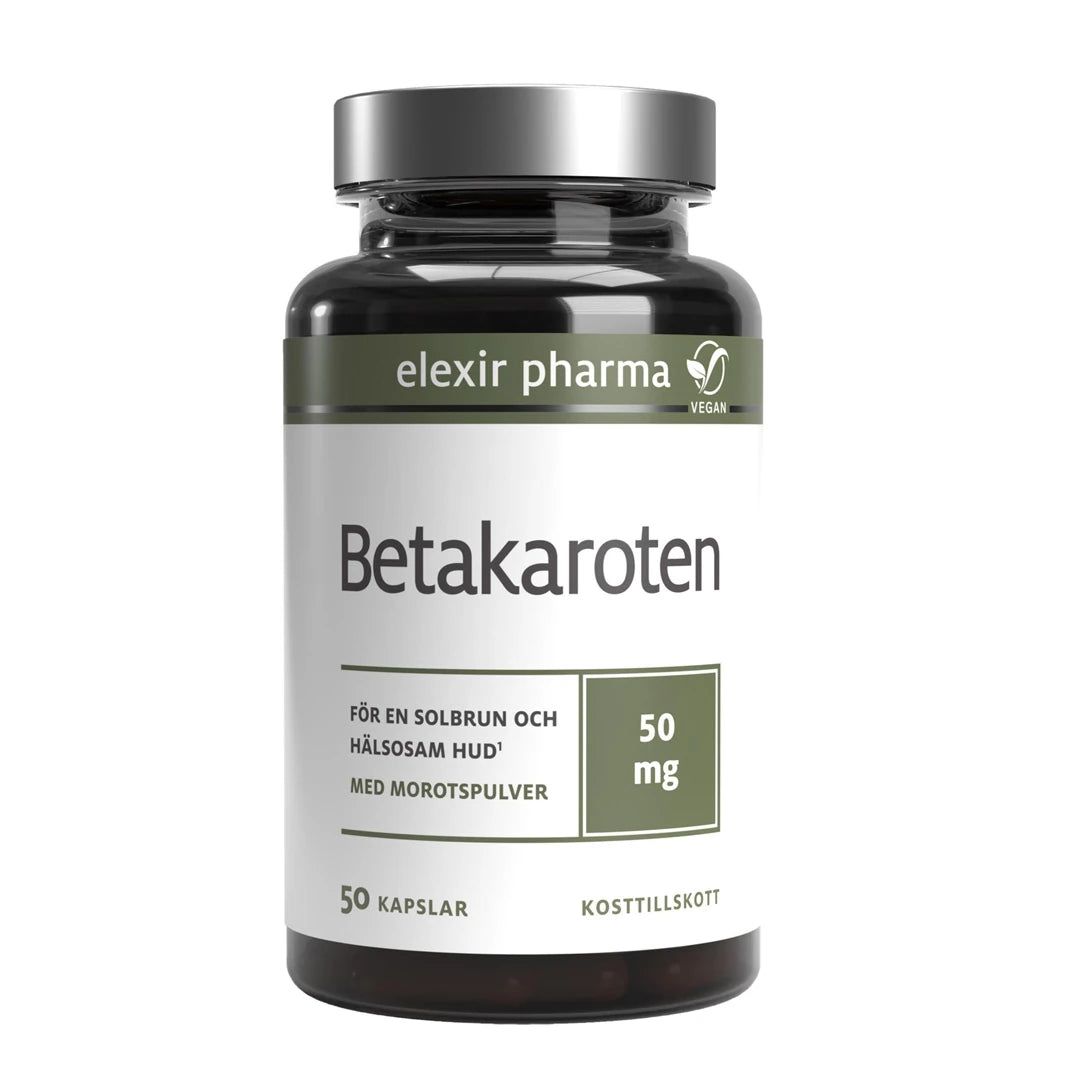 Elexir Pharma Betakaroten 50 mg 50 caps -ravintolisä tummassa, hopeakantisessa purkissa valko-vihreällä etiketillä., kuva 1/1