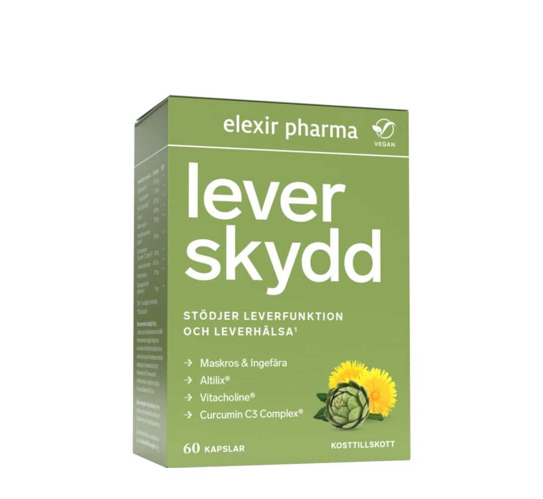 Elexir Pharma Leverskydd 60 caps vihreässä pahvirasiassa, jossa on voikukan ja latva-artisokan kuvitus., kuva 1/1