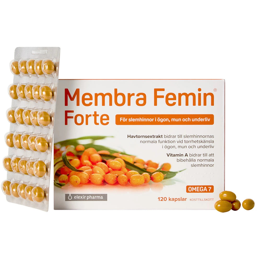 Elexir Pharma Membra Femin Forte 120 caps -ravintolisä valkoisessa rasiassa oransseilla yksityiskohdilla ja läpipainopakkauksilla., kuva 1/1