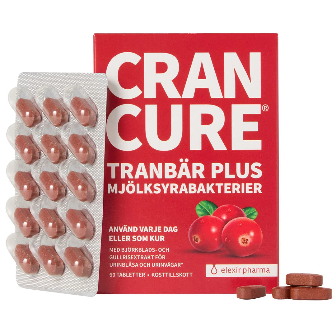 Elexir Pharma Cran Cure 60 tabs -ravintolisä punaisessa rasiassa ja läpipainopakkaus ruskeita tabletteja., kuva 1/1
