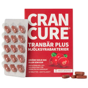 Elexir Pharma Cran Cure 60 tabs -ravintolisä punaisessa rasiassa ja läpipainopakkaus ruskeita tabletteja.