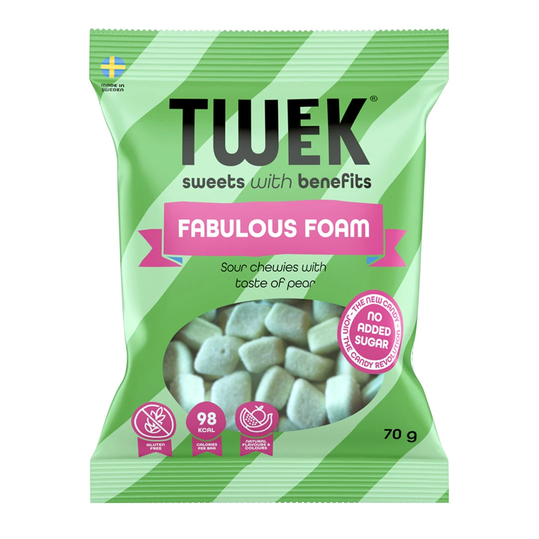 Tweek Sweets 70 g -vaahtomakeisia vihreäraidallisessa pussissa vaaleanpunaisella tekstillä, makuna Fabulous Foam., kuva 1/4