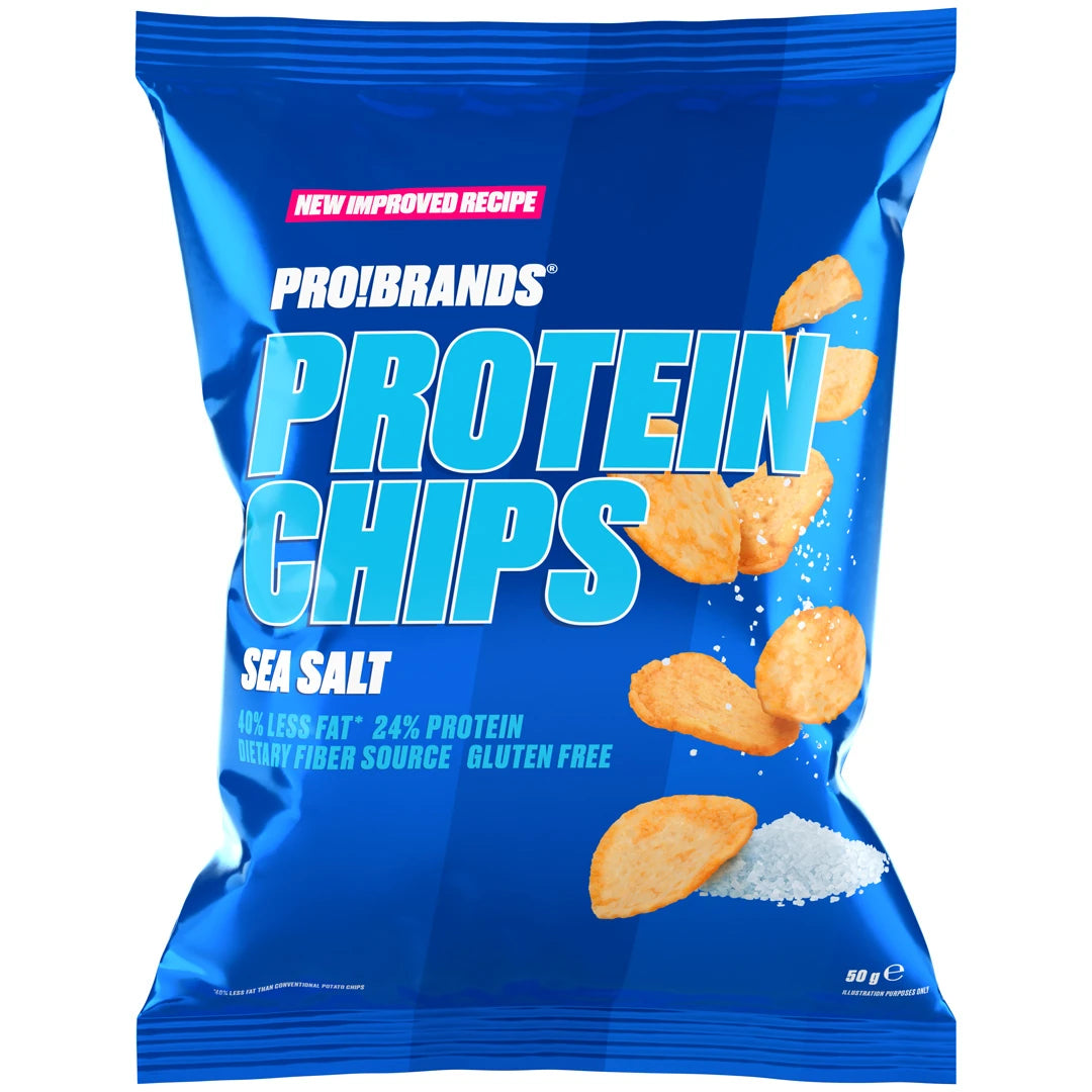 Pro Brands Protein Chips 50 g, proteiinilla rikastetut sipsit sinisessä pussissa makuna Sea Salt., kuva 1/1