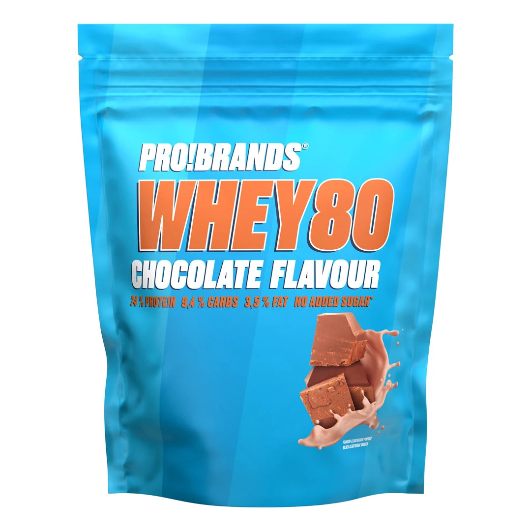 Pro Brands Whey Powder 500 g -proteiinijauhe vaaleansinisessä pussissa oranssilla tekstillä, makuna Chocolate., kuva 1/1