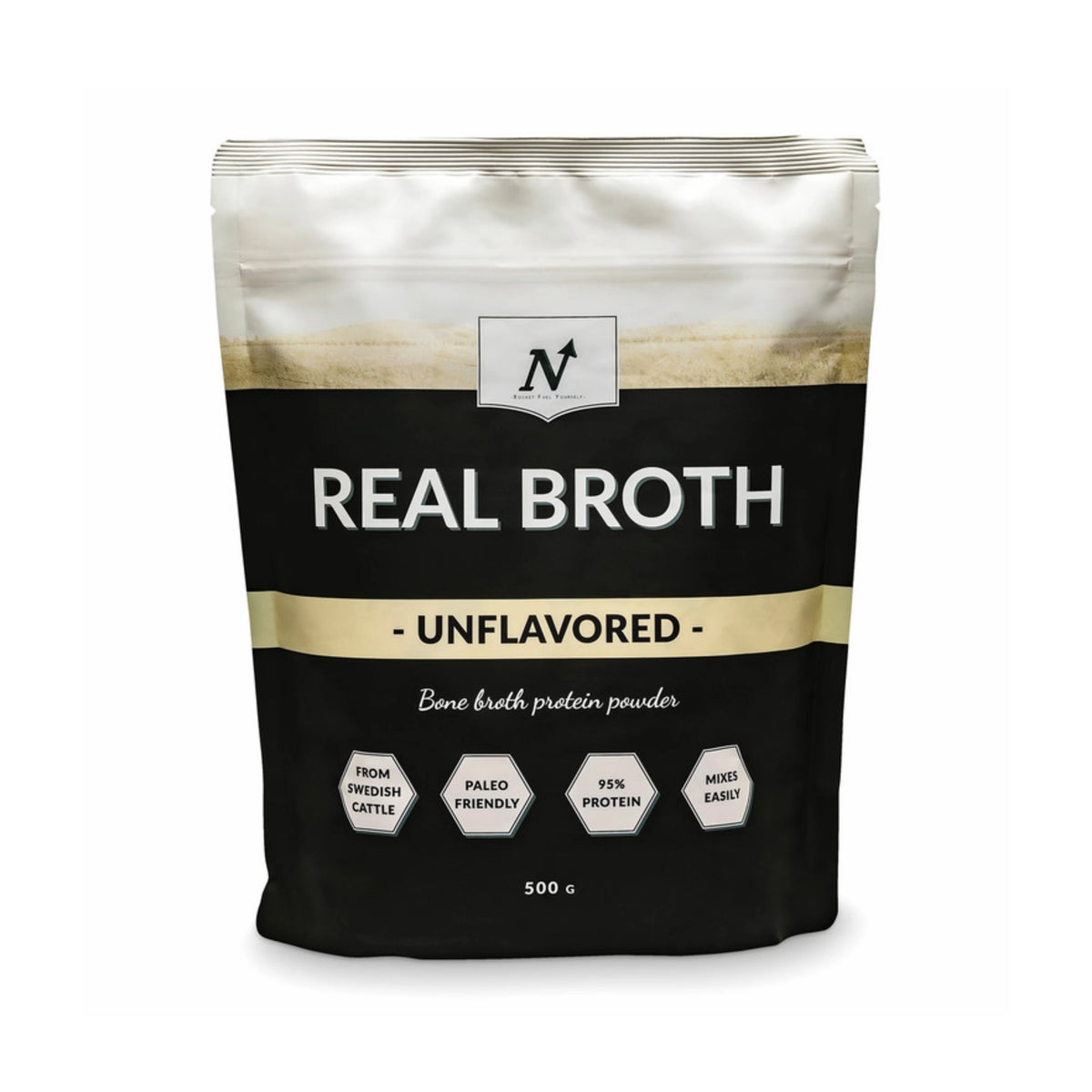 Nyttoteket Real Broth 500 g -luuliemijauhe mustavalkoisessa pussissa, makuna Unflavoured.
