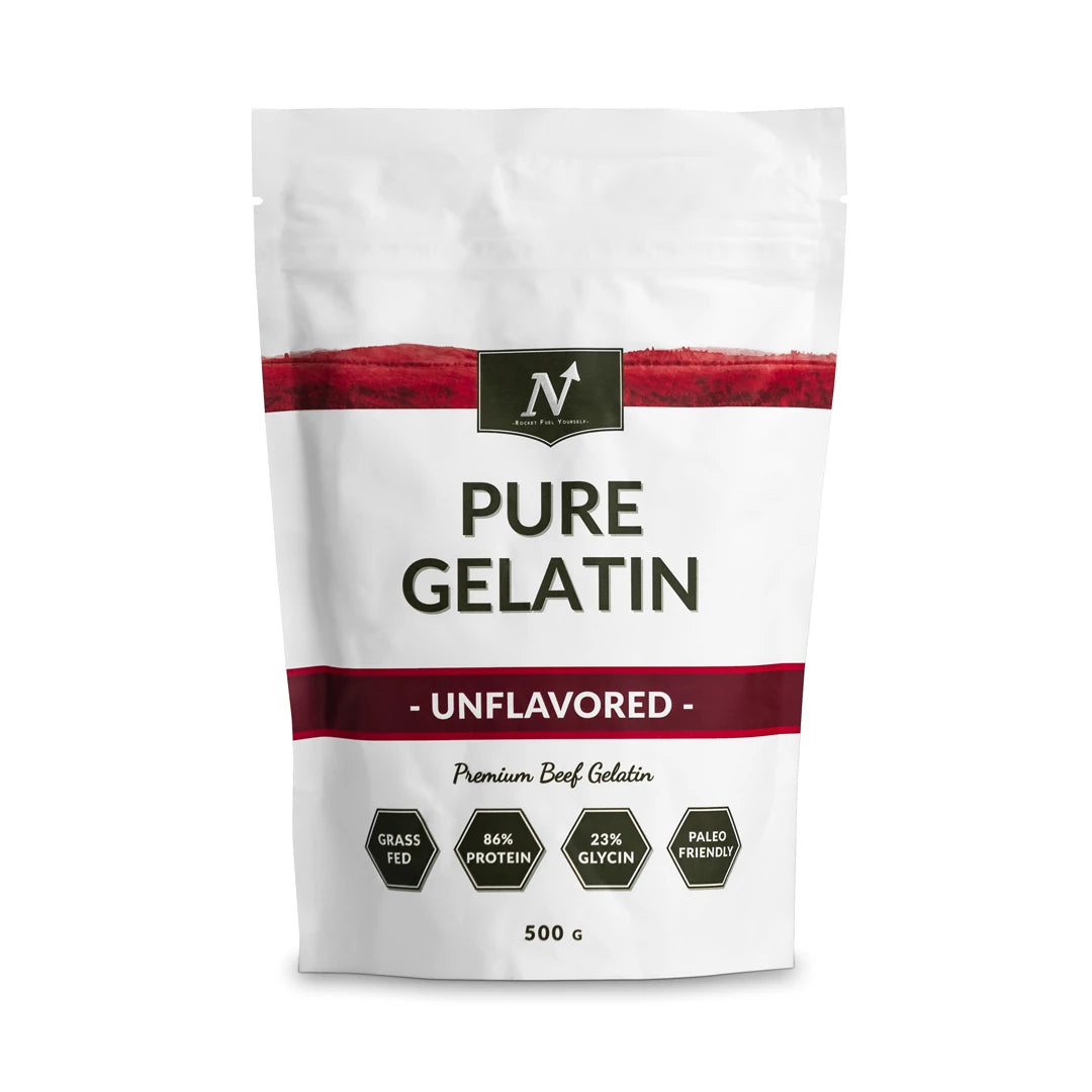 Nyttoteket Pure Gelatin 500 g -gelatiinijauhe valkoisessa pussissa punaisilla yksityiskohdilla., kuva 1/1