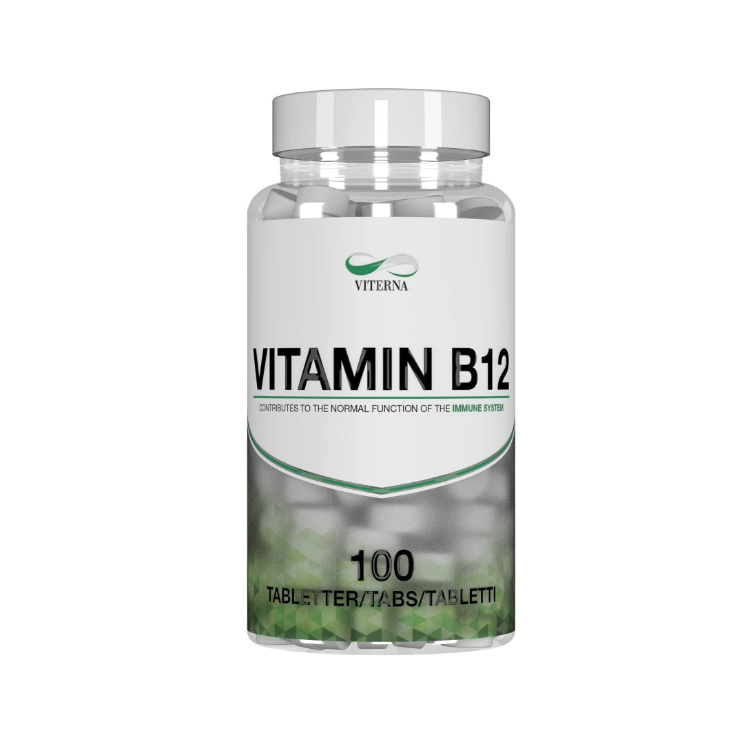 Viterna Vitamin B12 100 tabs i en transparent burk med vit etikett och gröna detaljer., bild 1 av 1