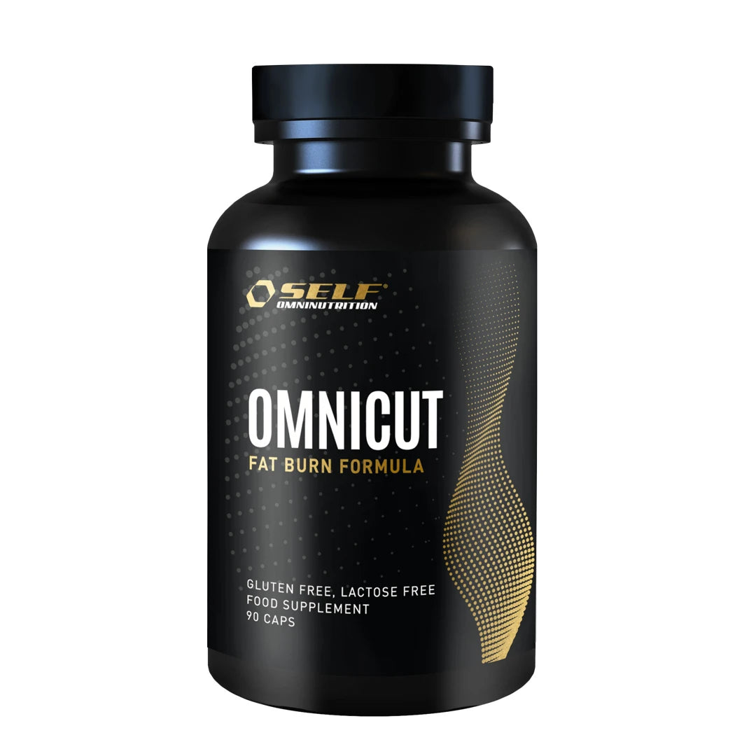 Self Omninutrition Omnicut 90 caps fettförbrännare i en svart burk med guldiga detaljer och vit text., bild 1 av 1