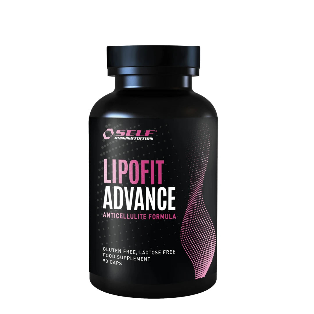Self Omninutrition Lipo Fit Advance 90 caps fettförbrännare i en svart burk med rosa och vita detaljer på etiketten., bild 1 av 1