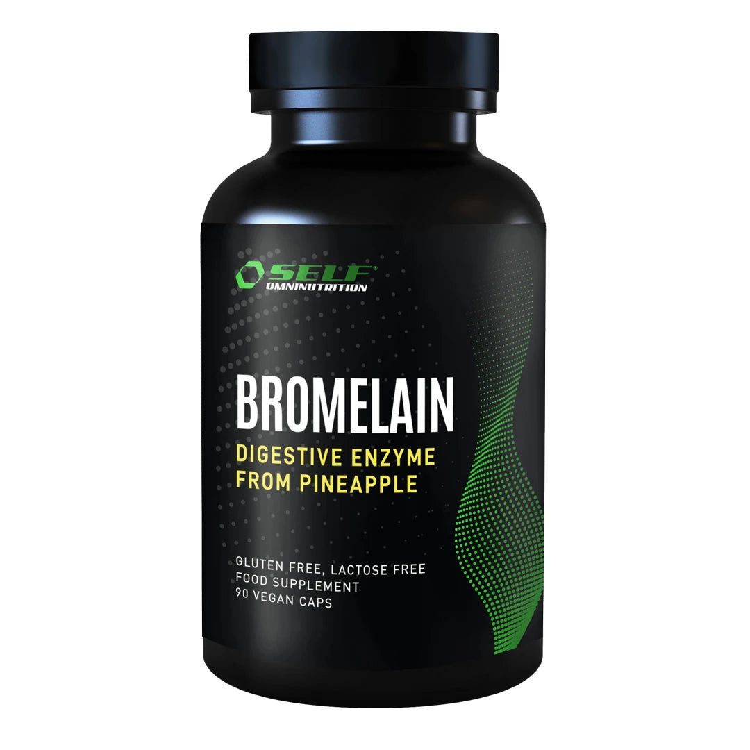 Self Omninutrition Bromelain 90 caps -ravintolisä mustassa purkissa, jossa on vihreää ja valkoista tekstiä., kuva 1/1
