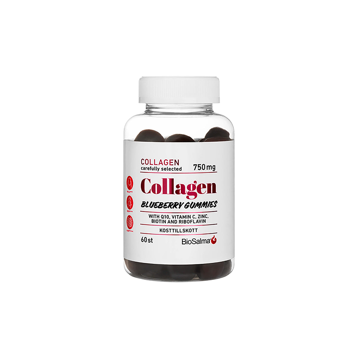 BioSalma Collagen Gummies 60 pcs läpinäkyvässä purkissa, täynnä tummanvioletteja mustikanmakuisia gummyja.