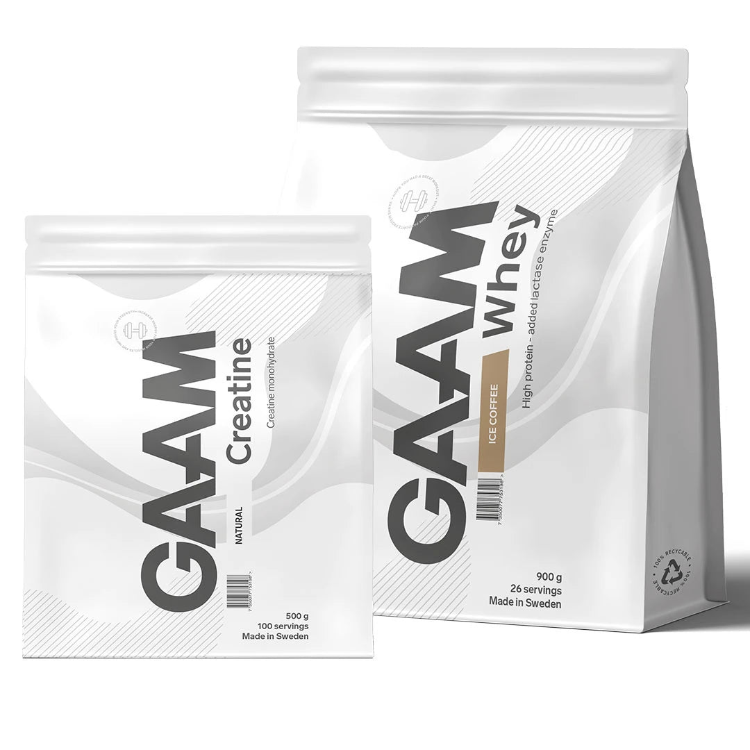 GAAM Whey 900 g ja GAAM Creatine Monohydrat 500 g -jauheet kahdessa valkoisessa pussissa., kuva 1/1