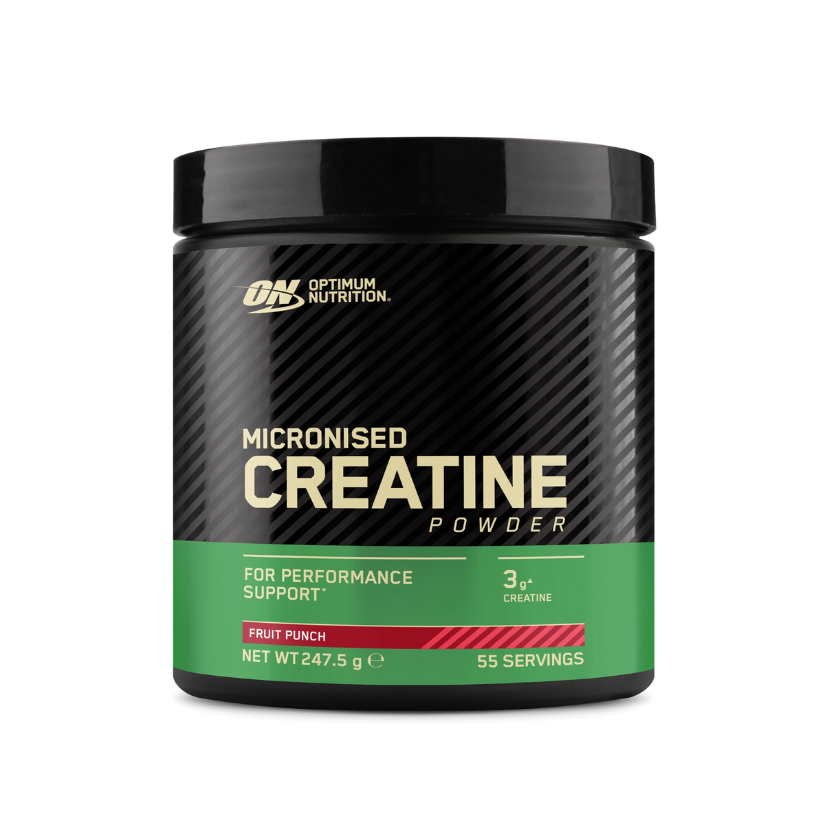 Optimum Nutrition Creatine Powder 247.5 g mustassa purkissa vihreällä etiketillä, makuna Fruit Punch.