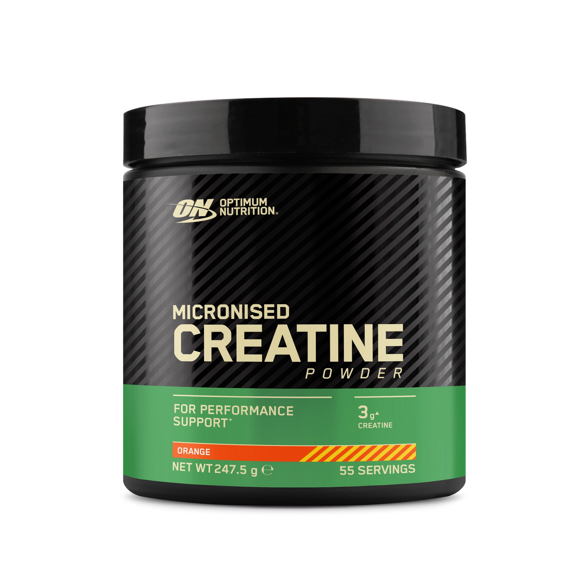 Optimum Nutrition Creatine Powder 247.5 g -kreatiini mustassa purkissa vihreillä yksityiskohdilla, makuna Orange.