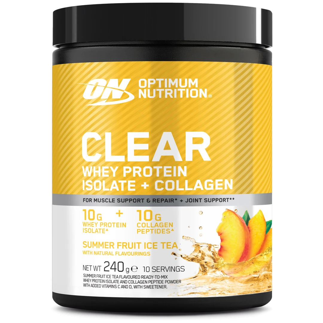Optimum Nutrition Clear Whey + Collagen 240 g -proteiinijauhe mustakeltaisessa purkissa, makuna Summer Fruit Ice Tea., kuva 2/2