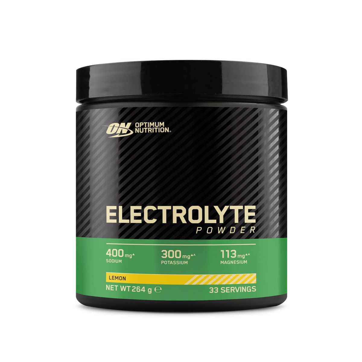 Optimum Nutrition Electrolyte Powder 264 g mustassa purkissa, jossa on vihreä etiketti, makuna Lemon.