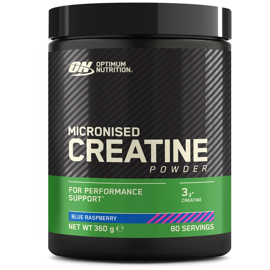 Optimum Nutrition Creatine Powder 360 g, en svart burk med gröna detaljer i smaken Blue Raspberry., bild 1 av 1