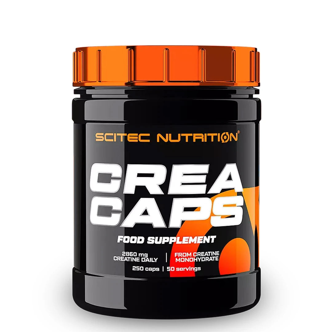 Scitec Nutrition Crea Caps Kreatin 250 caps pakattuna mustaan muovipurkkiin, jossa on metallinen oranssi kansi., kuva 1/1