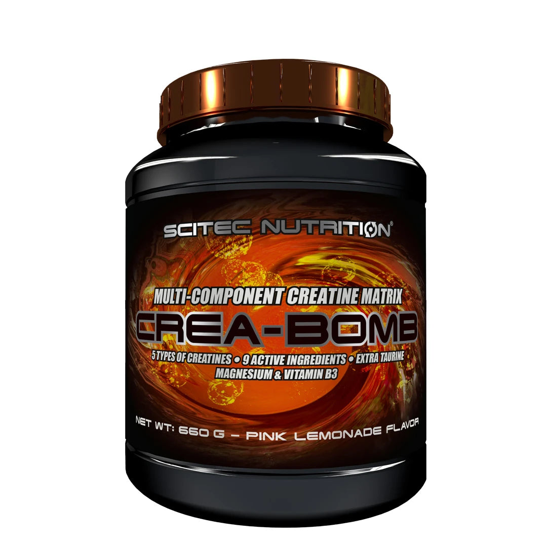 Scitec Nutrition Crea-Bomb 660 g -kreatiinisekoitus mustassa, pronssikantisessa purkissa, makuna Pink Lemonade., kuva 1/1