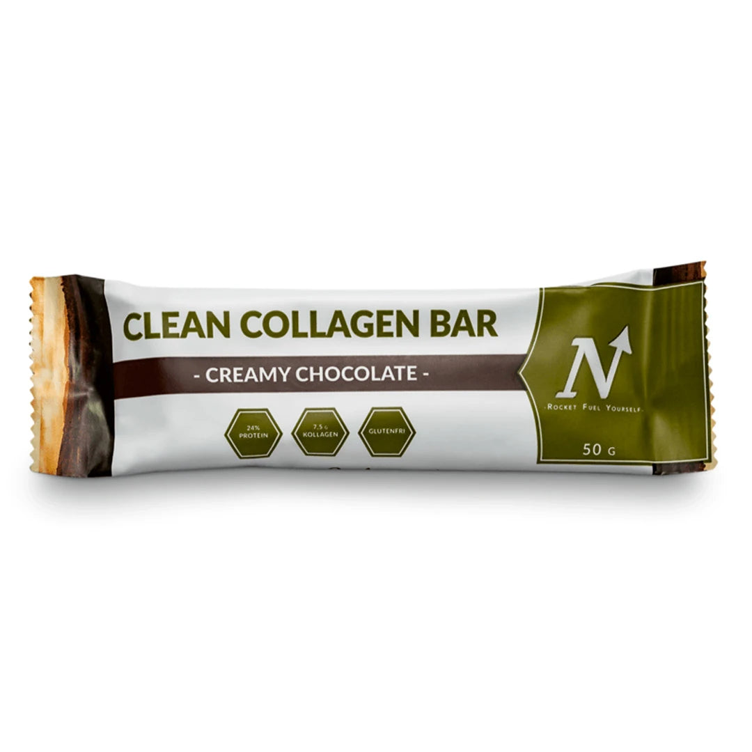 Nyttoteket Clean Collagen Bar 50 g valko-vihreässä pakkauksessa, makuna Creamy Chocolate.